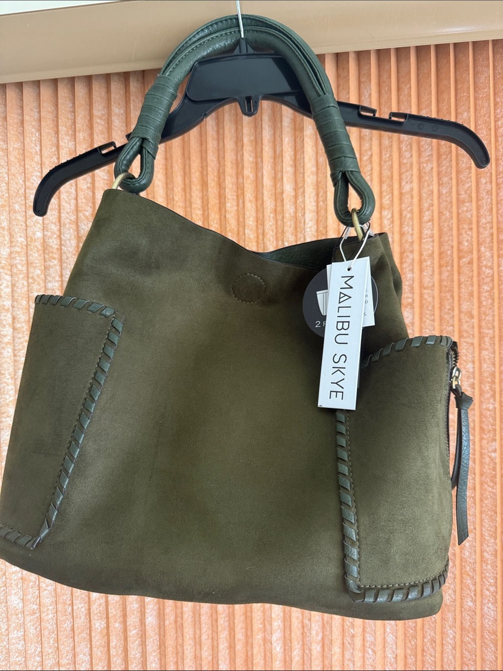 Malibu Skye Janelle Vegan Olive Green Suede Shoulder Bag 2 pc Set NWT